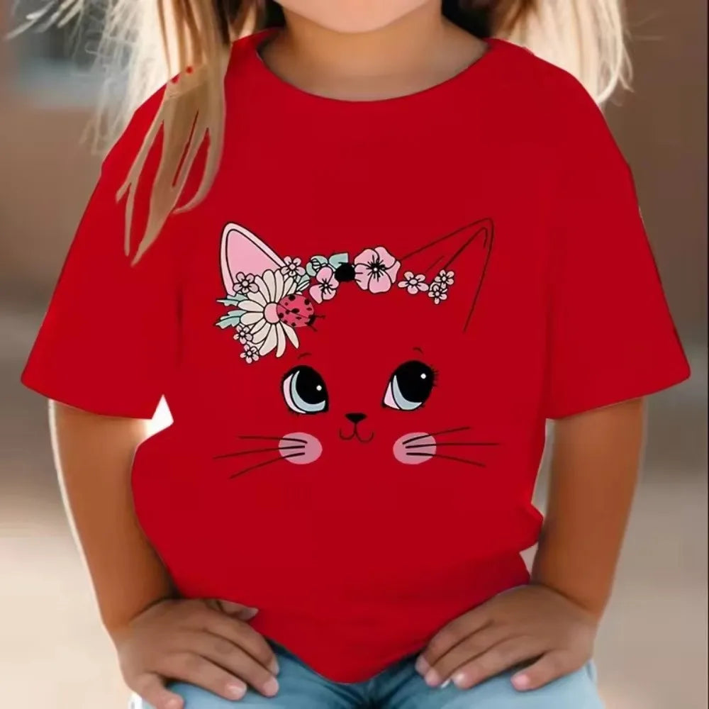 Summer Flower Garland Cat Graphic Print Girls TShirt Floral Fun Top Cotton Children's Short Sleeve Tee Cute Cartoon Kids T-shirt