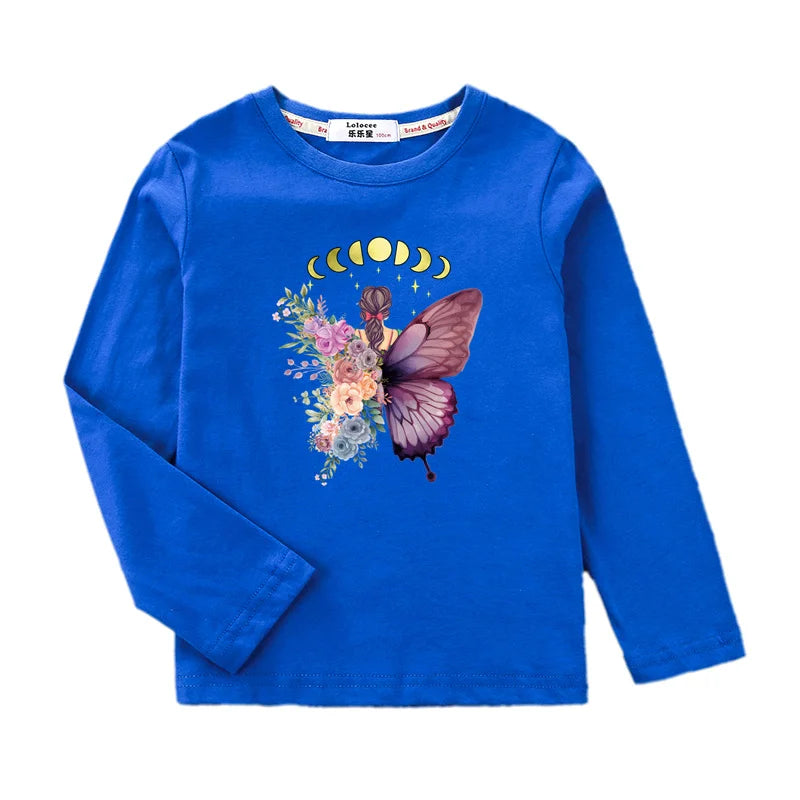 Children Long Sleeved T-shirt Butterfly Girl Fashion Top Spring Cotton Clothes Girls Butterfly Printed Tshirt 3-14T