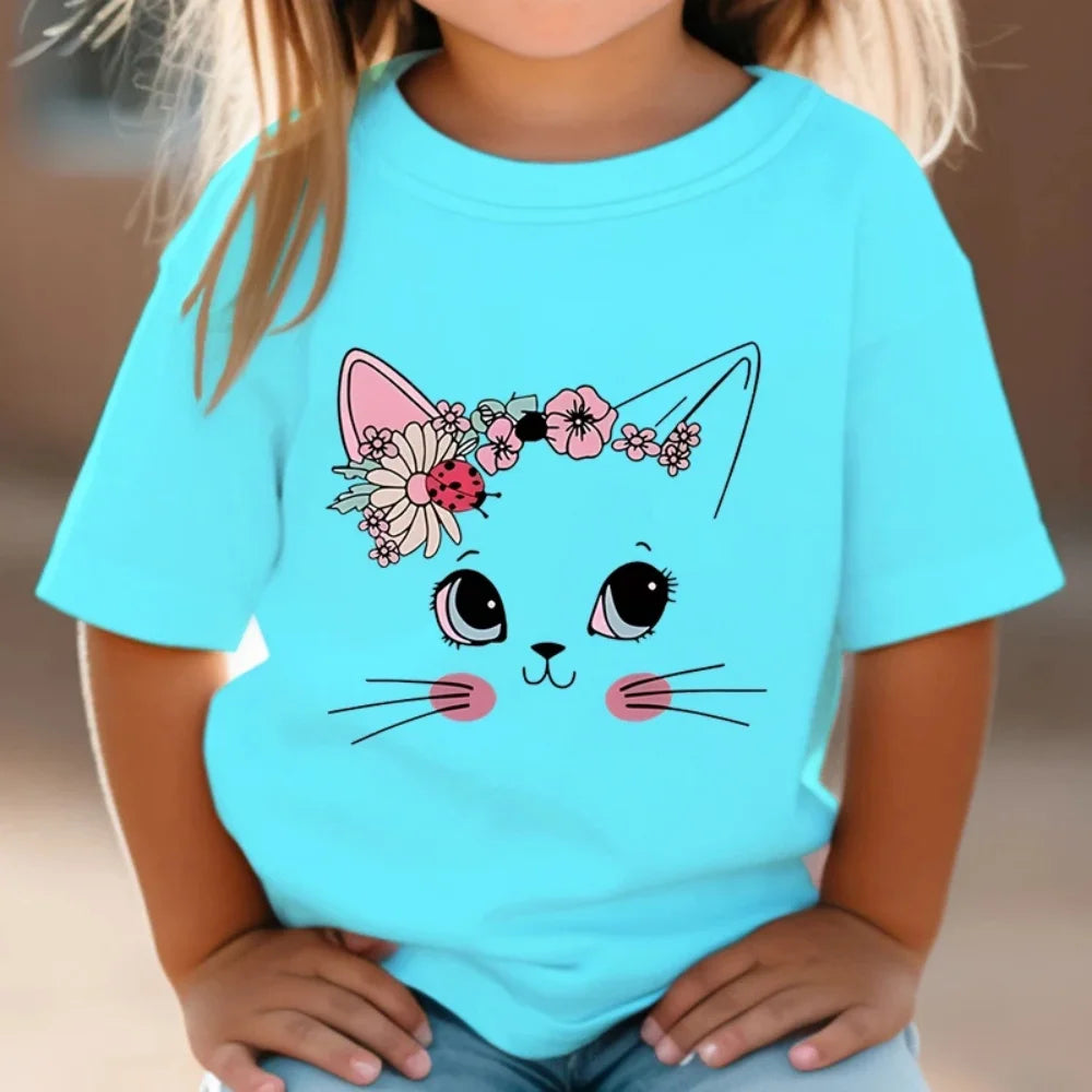 Girl Clothes Cute Floral Cat Pattern Summer Short Sleeve Tops Animal Cartoon Print Tees Fashion O-Neck Loose Children's Clothing