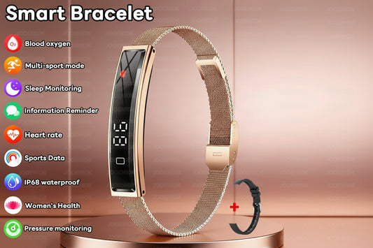 Smart bracelet with features listed on a gradient background