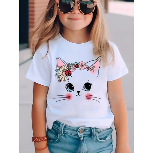 Summer Flower Garland Cat Graphic Print Girls TShirt Floral Fun Top Cotton Children's Short Sleeve Tee Cute Cartoon Kids T-shirt