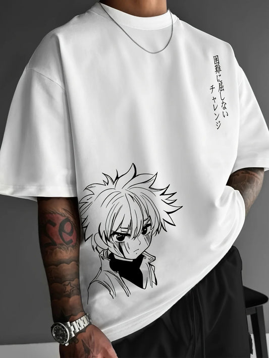 Person wearing a white t-shirt with an anime character design and text.