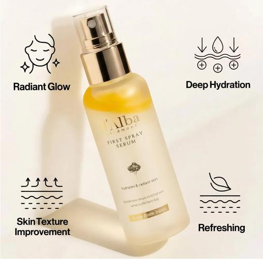 Alba First Spray Serum bottle with benefits on a light background