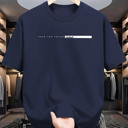 Navy blue t-shirt with text 'Face the Future' held in a clothing store.