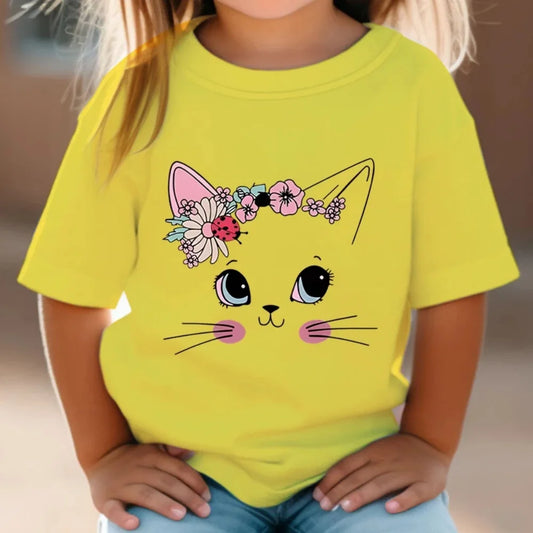 Girl Clothes Cute Floral Cat Pattern Summer Short Sleeve Tops Animal Cartoon Print Tees Fashion O-Neck Loose Children's Clothing